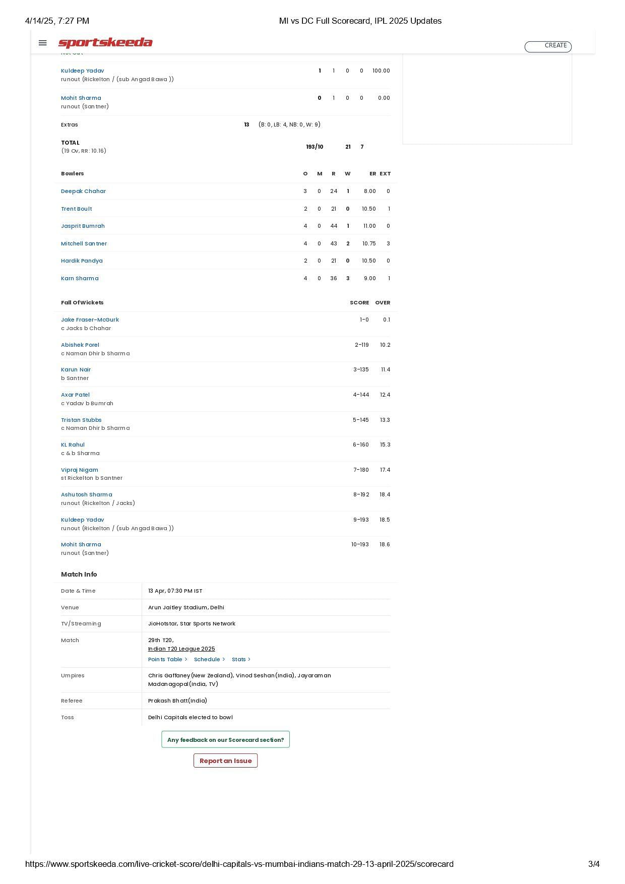 DC vs MI 2025 scorecard.